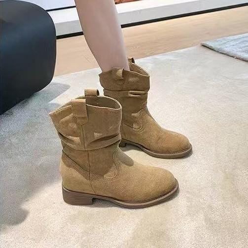 Khaki retro stacking boots cowboy boots women's autumn and winter 2025 new inner height increase thick heel soft surface Martin boots women