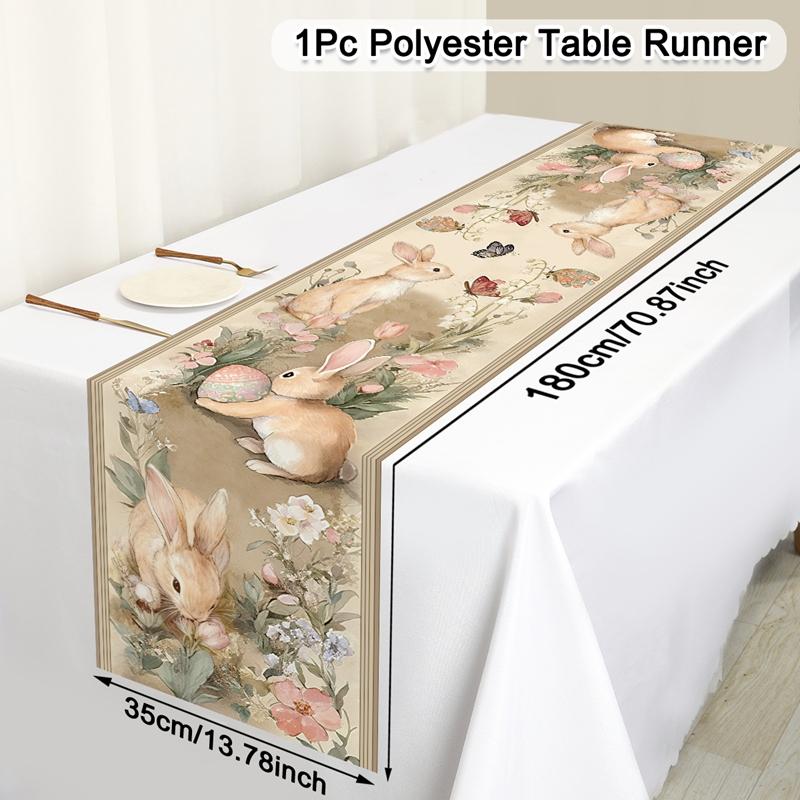 Vintage Easter Bunny Table Runner Polyester Rabbit Eggs Flower Table Flag Easter Decorations For Home Kitchen Dining Table Decor