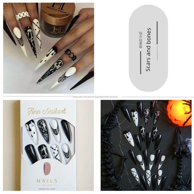 

Halloween Wear Armor Skull Black and White Bones Nail Stickers Nails Finished Product Fashion Dark Cos Fake Nail Tip 101-101-Scars and Bones