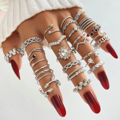 28 Pieces Silver Elegant Vintage Ring Set Open Pearl Bohemian Noble Woman Sexy Hollow Out Rings Birthday Dinner Leaf Ring Set Gift