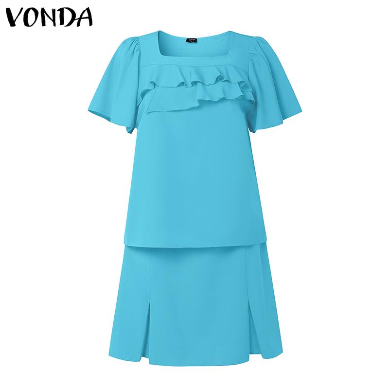 

VONDA Летние комплекты женские топы с оборками и мини-юбки костюмы наряды с коротким рукавом 5XL синий