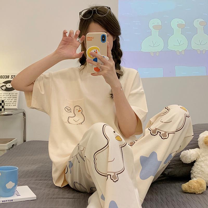 Women's Summer Pajama Set: Plus Size Loose Fit, Short Sleeve Top & Long Pants with Cartoon Design, Lightweight Home Wear