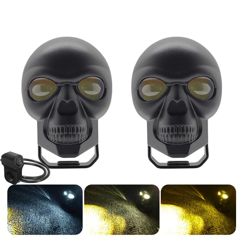 Motorcycle LED Skull Headlight Work Spot Driving Fog Light Dual Color Spotlights for Motorbike Truck Trailer Offroad ATV SUV