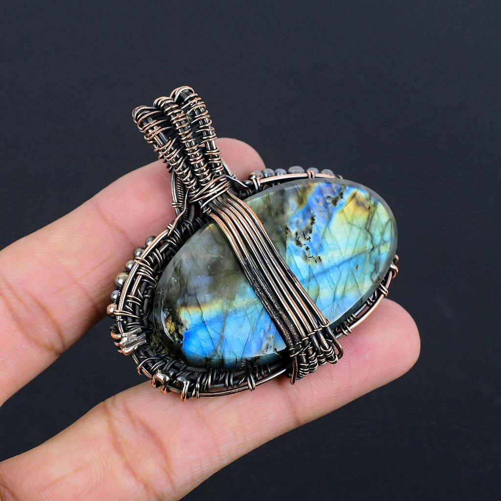 Labradorite Pendant, Handmade Gemstone 999 Copper Wire Wrapped Pendant Antique Jewelry, For Gift Silver Jewelry