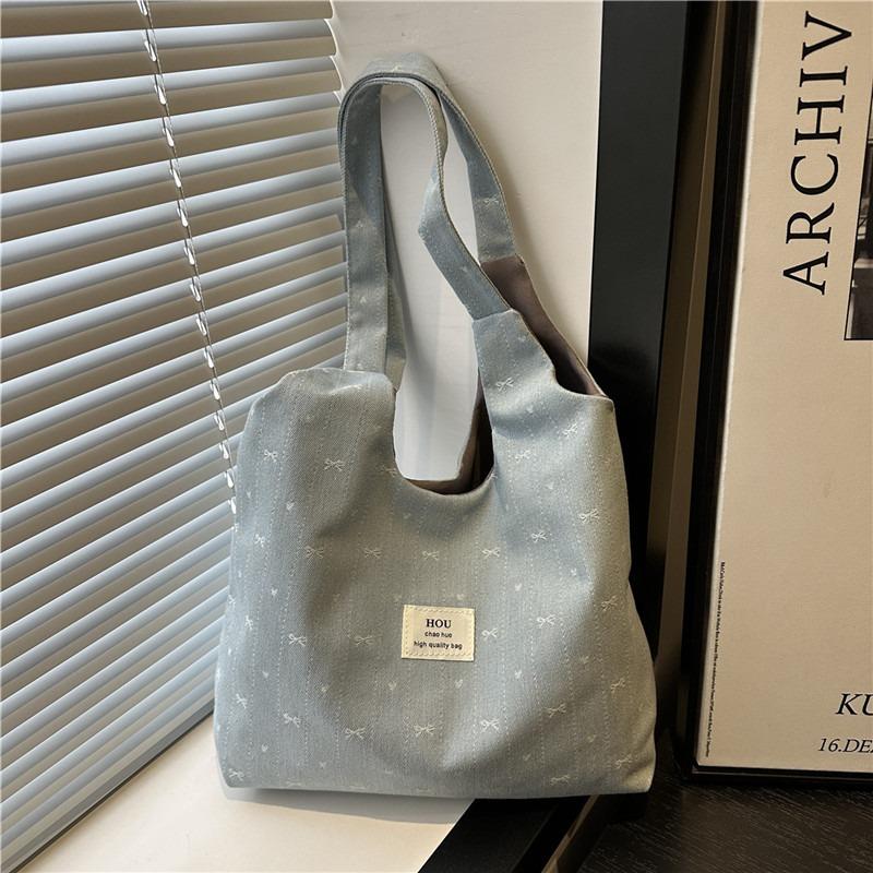 Soft Waxy Denim Canvas Bag, New Bow Design, Shoulder Bag, Commuter Large-capacity Tote Bag.