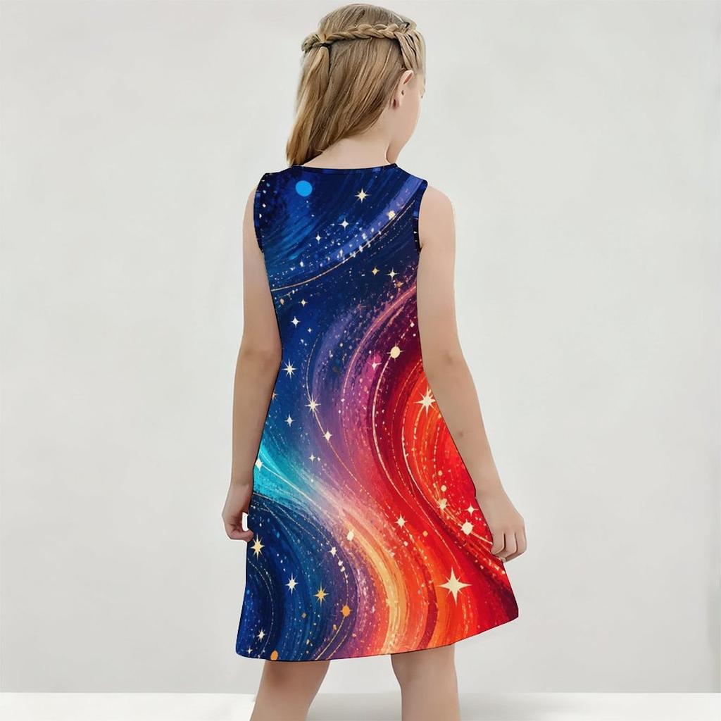 Girls Round Neck Sleeveless Galaxy Printed A Line Flared Dress Red White Blue