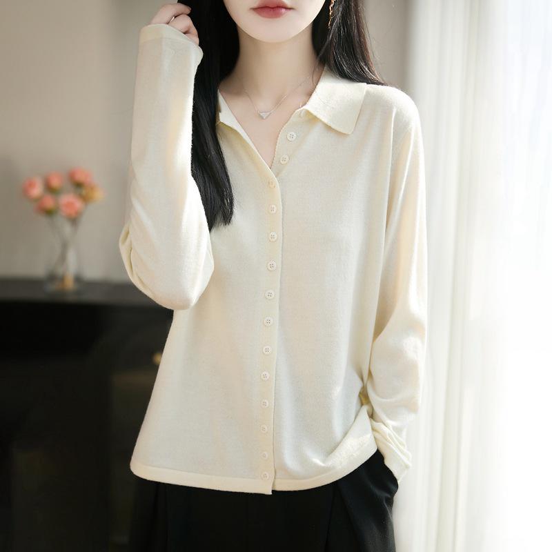2026 Spring/Autumn Women's Fine Wool Lapel Knit Cardigan - Long Sleeve Solid Color Loose Top