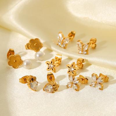 Butterfly Zircon Star Stud Earrings, Ins Style Light Luxury Stainless Steel Five-Petal Flower Pearl Ear Jewelryarrings