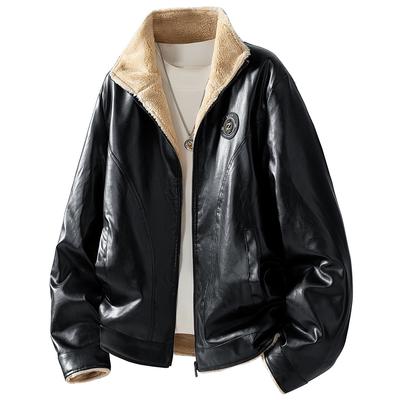 Fur and Fur One-piece Velvet Stand Collar Jacket for Men's Outerwear and Men's Leather Jacket