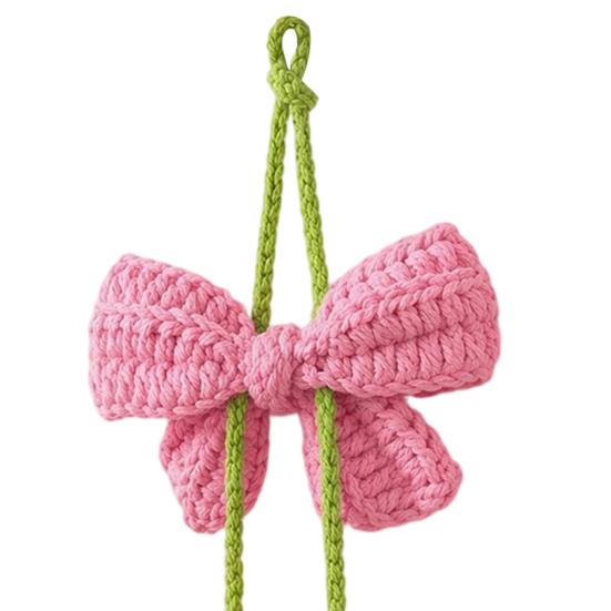 Rearview Mirror Charm Crochet Heart Car Hanging Decor, Knitted Bowknot Love for SUV Pendant Mirror, Cute Accessory Bag Purse, Valentine's Day Gift Her
