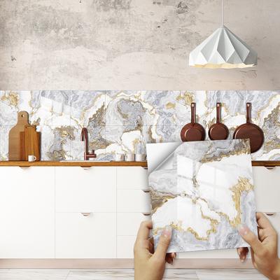 10 pçs cinza e ouro telha de mármore adesivo cozinha backsplash à prova de óleo banheiro decoração de casa decalques de parede casca & vara arte mural