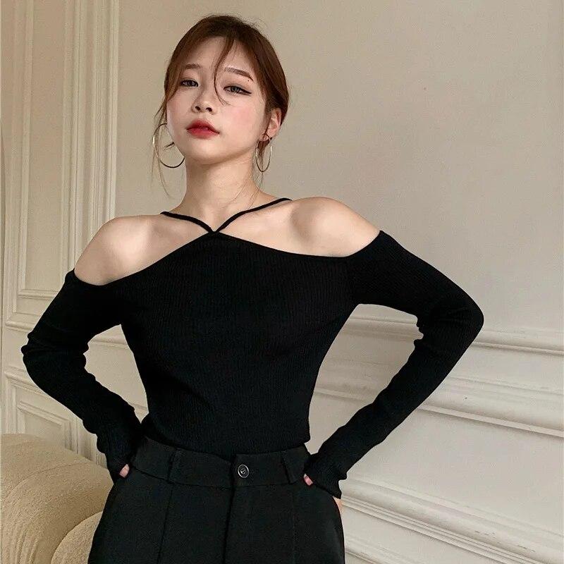 Women's Solid Color Off Shoulder Halter Slim Knitted Long Sleeves Tops