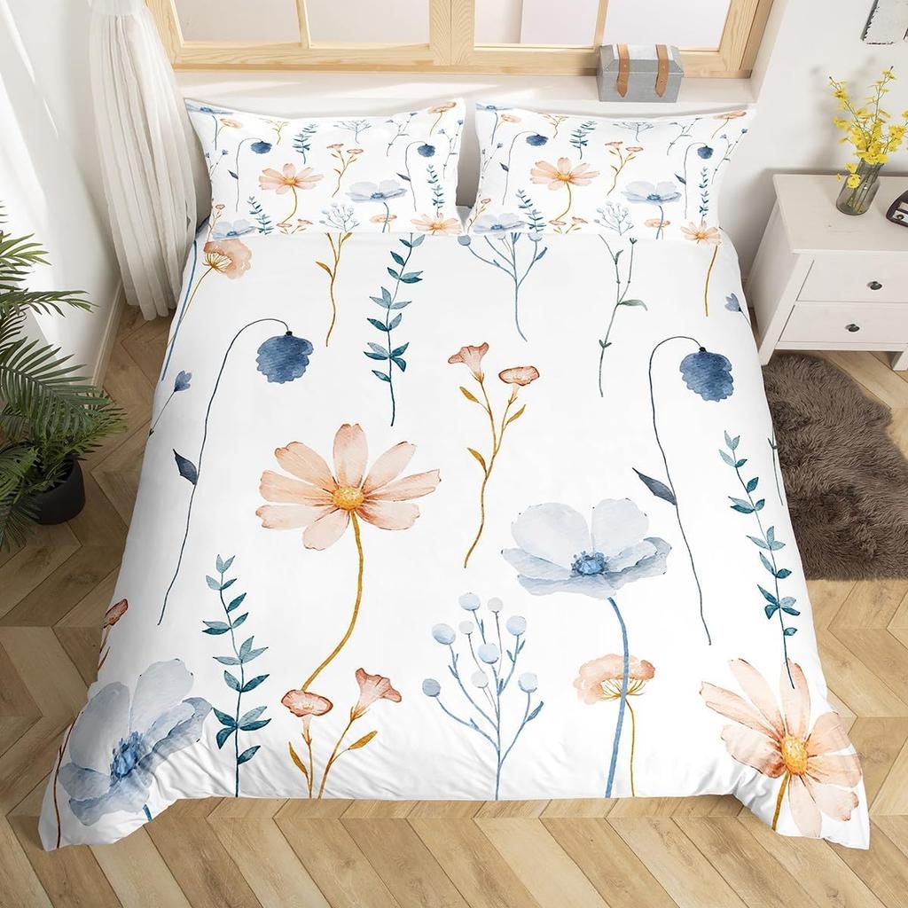 Watercolor Floral Down Duvet Cover Set Queen King Size Simple Pastoral Style Bedding Suitable for Kids Teens Adult Women 3 PCS