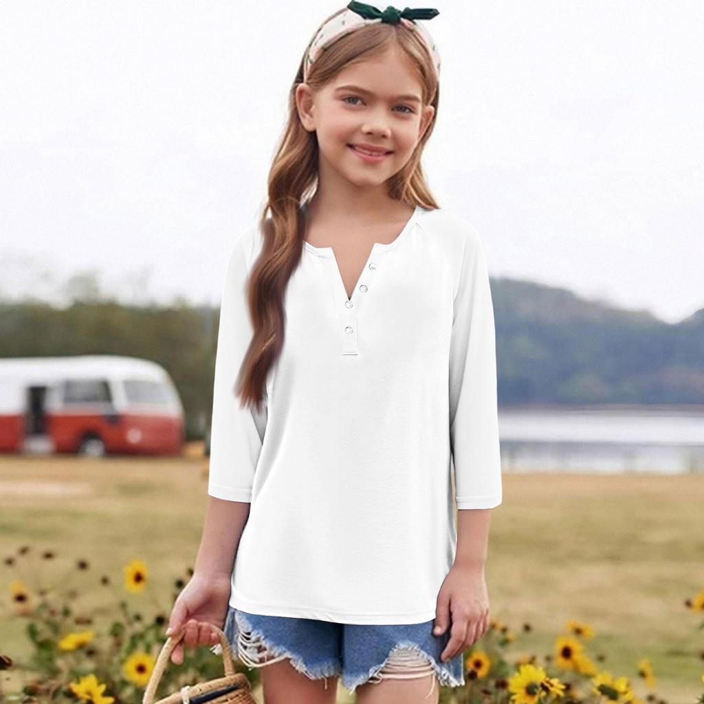 Print Tops For Youth Girls Round Neck 3/4 Sleeves T-Shirts Trendy Tops Outfit Tees