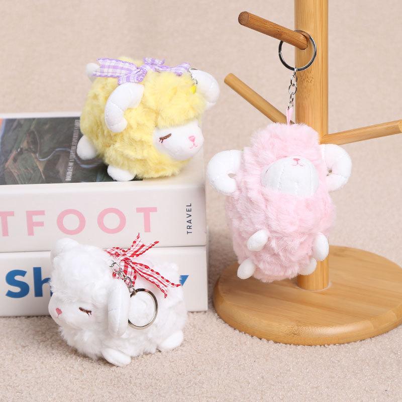 Cute Fluffy Sheep Plush Keychain Soft Fuzzy Fabric Lovely Bow Accent Backpack Charm for Girls Daily Wear