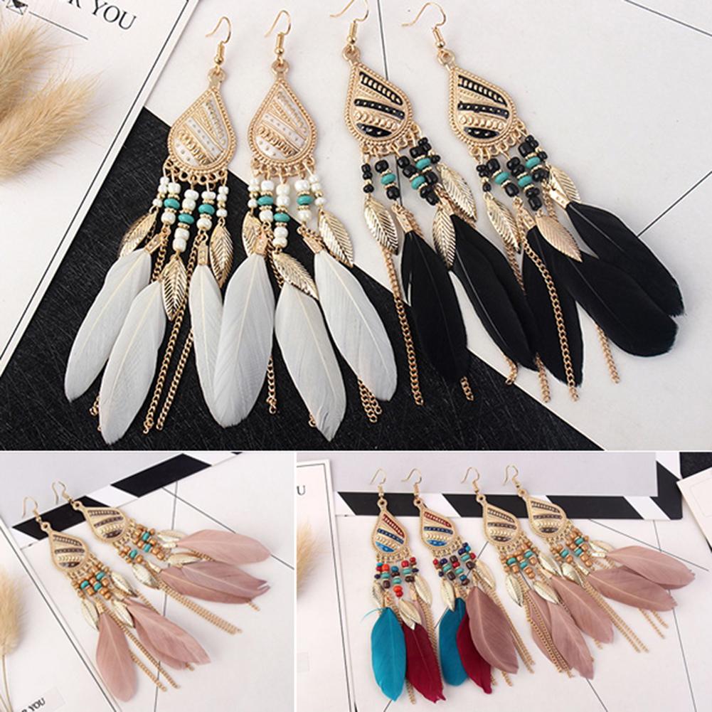Vintage Elegant Long Pendant Dangle Hook Feather Earrings Women Jewelry Gift