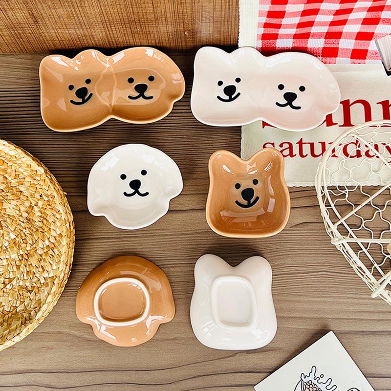 Adorable Ceramic Sauce Dish With Cute Dog & Bear Design - Single/Double Compartment Dip Bowl For Condiments, Snacks, Sushi, Soy
