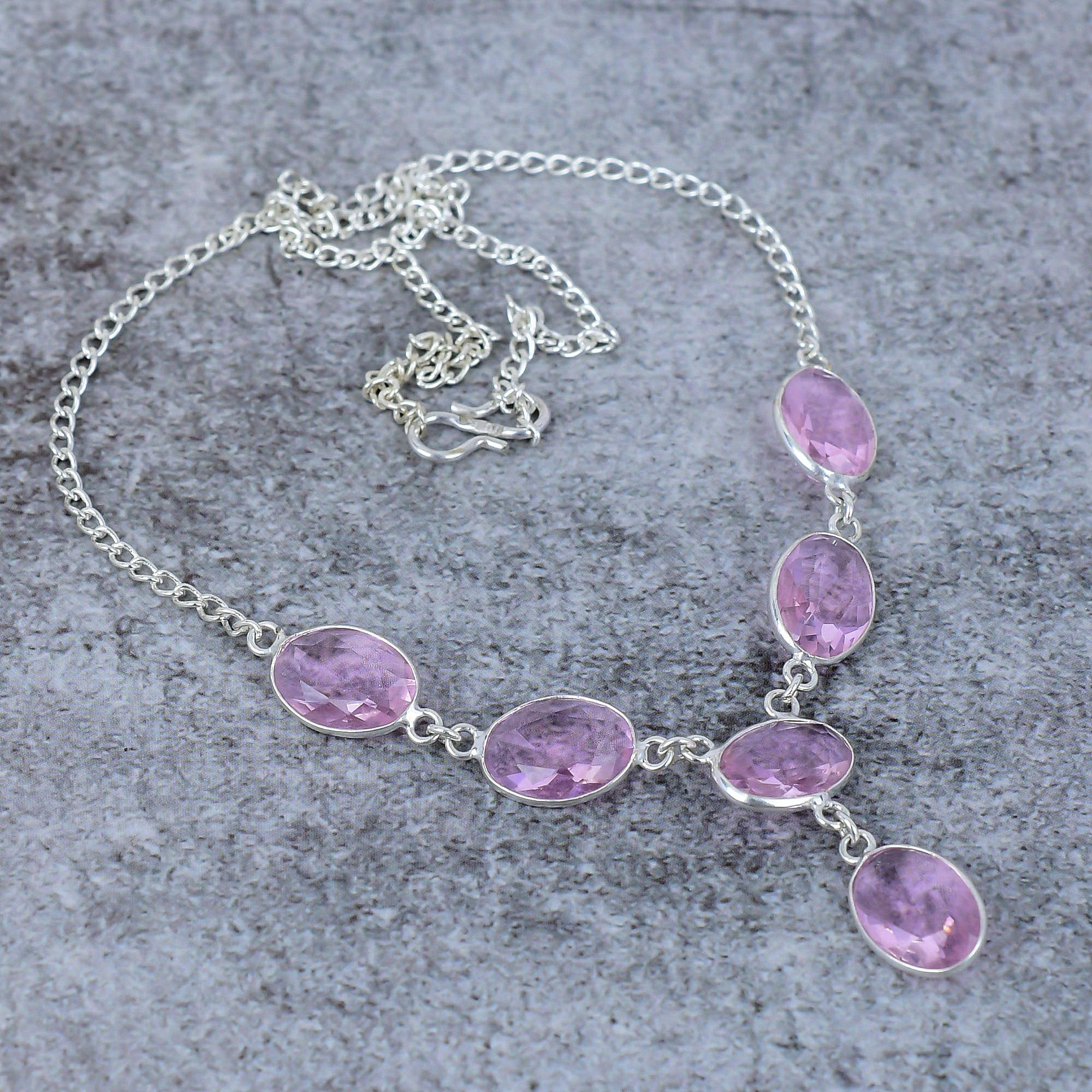 

Рожевий Кунцит Дорогоцінний камінь Ручна робота Срібло 925 проби Ювелірна прикраса Намисто 18 M-394