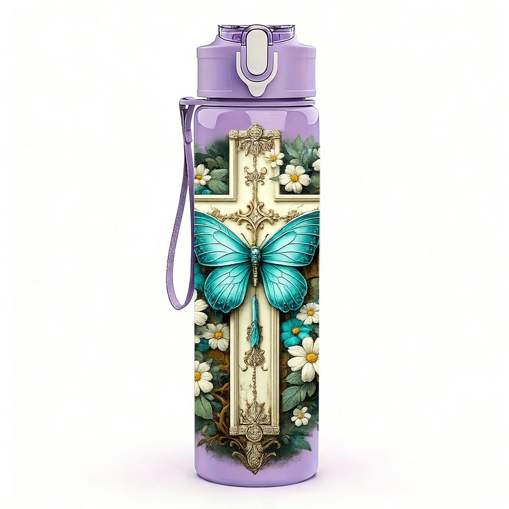 1PC Cross Rose Faith Art Print 750ml Color Plastic Sports Water Bottle Leakproof Flip Straw Lid Suitable for Sports Office Home Use