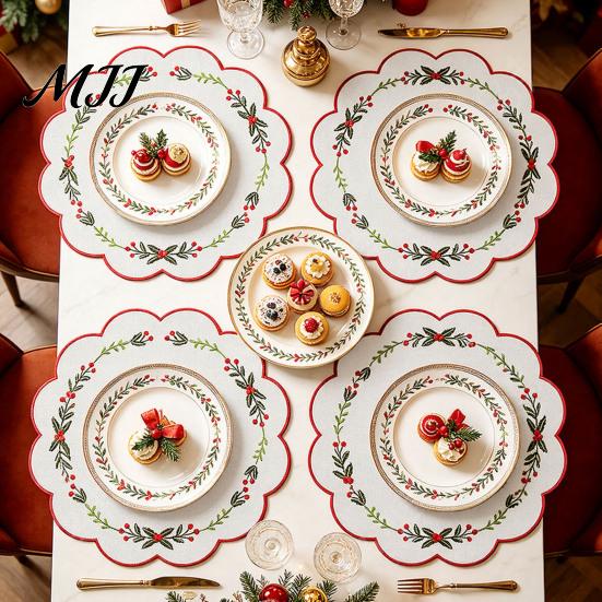 Soft Thick Table Protectors Christmas Scalloped Embroidered Placemat, 15 Inch Cloth Place Mat with Holly Berries Reusable Holiday Dining Accessories