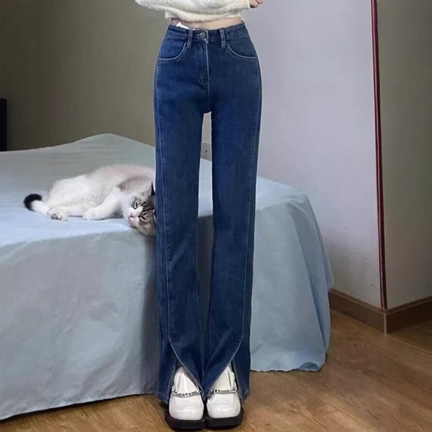 

Autumn 2025 Retro Dark Blue High-Waisted Straight-Leg Women s Jeans with Slit. M