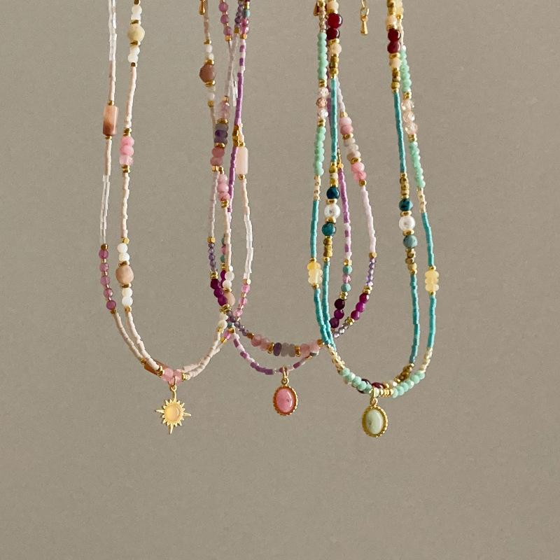 Retro Ethnic Style Colored Natural Stone Beaded Necklace Women'S Light Luxury High Sense Elegant Versatile Neck Chain Collarbone Chain