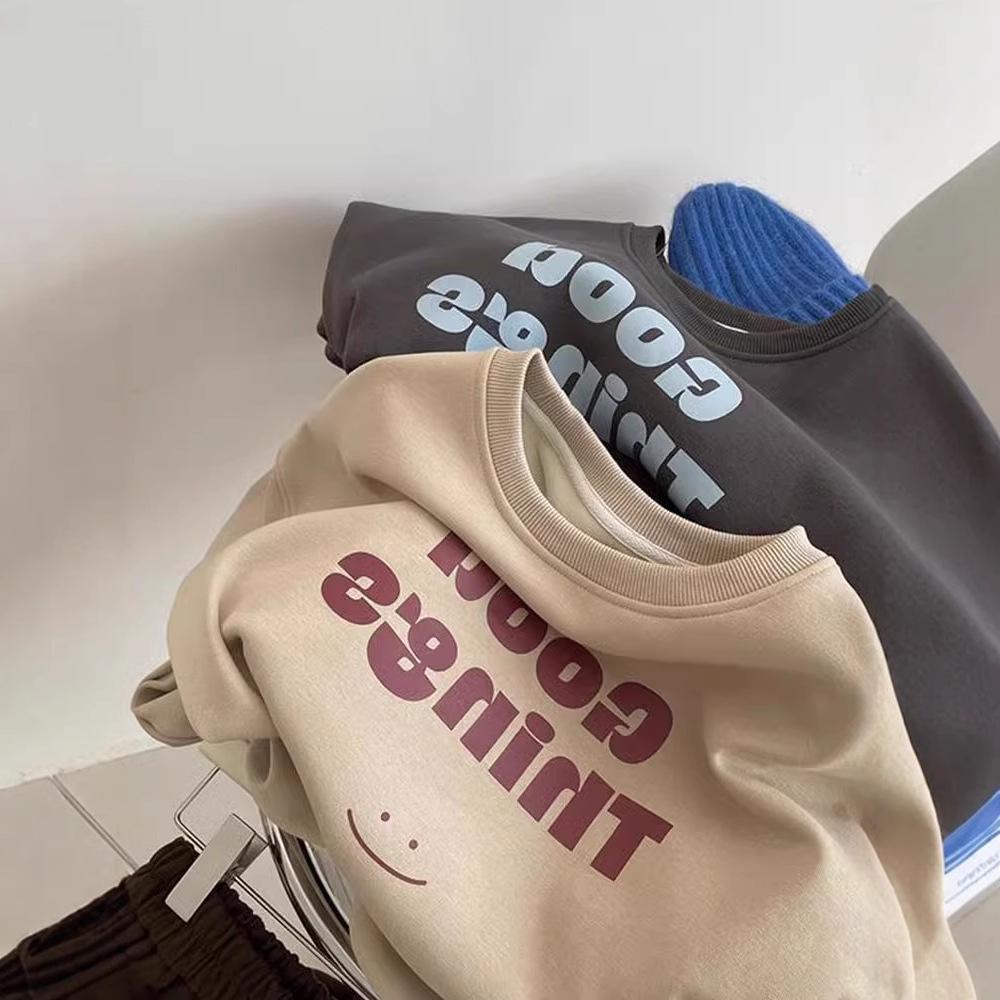 2025 American Retro Oversized Milk Tea Sweatshirt - Women's Round Neck, Thin for Spring & Autumn
