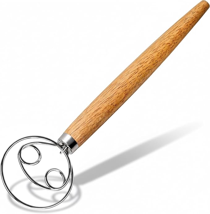 Danish dough mixer with stainless steel and wooden handle, suitable for baking sourdough bread
