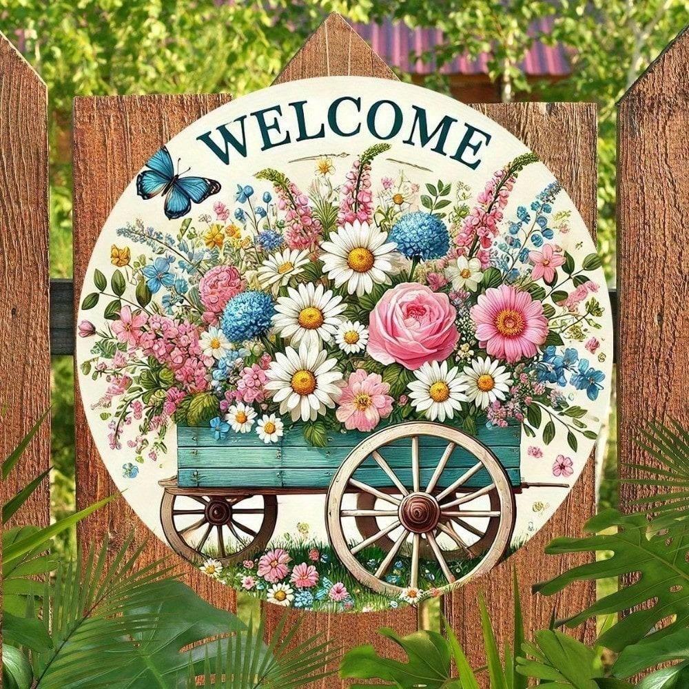 VAGAAR 8 inch Round Vintage Metal Welcome Sign, Rustic Tin Plaque Weatherproof for Home Bar Garage Wall Decor