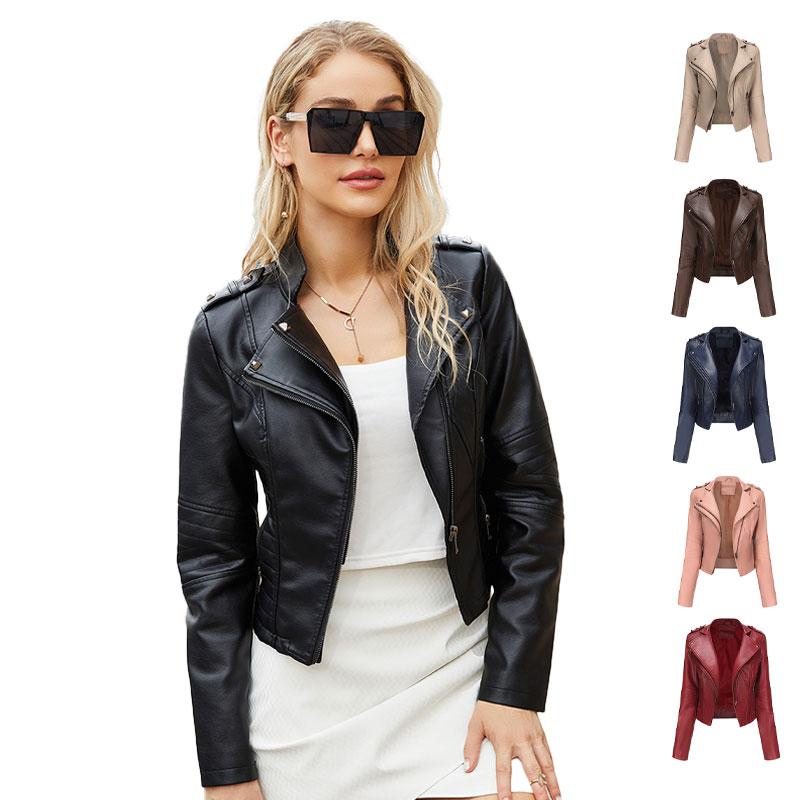 Women's Slim Fit Long Sleeve Spring and Autumn PU Faux Leather Jacket with Rivets, European and American Style Short Coat with Zipper