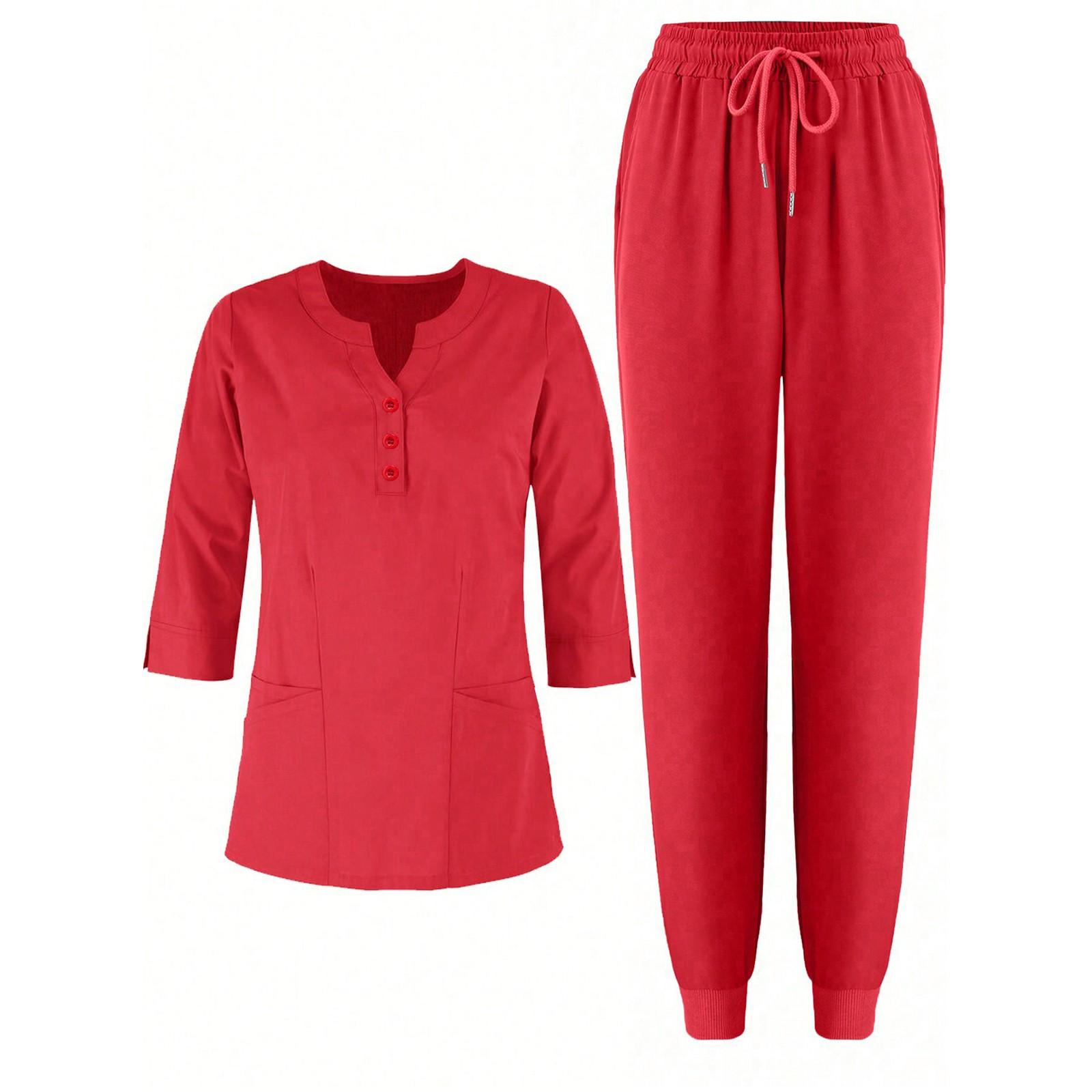 

Женский однотонный топ с V-образным вырезом и рукавами 3/4, карманами на пуговицах, брюки, рабочая одежда, комплект из двух предметов XL горячий розовый