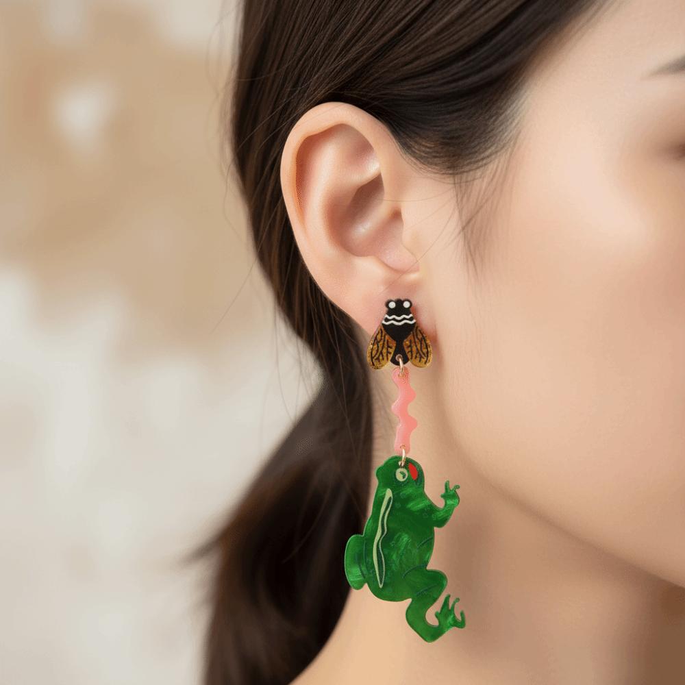 Exaggerated Eating Flies Frog Acrylic Earrings Mosquitoes Long Dangle Earring Funny