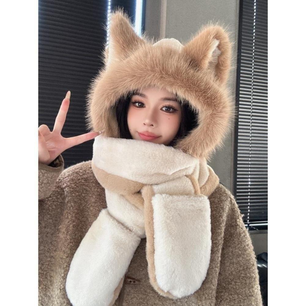 Keep Warm Fox Ear Hat Scarf Gloves Windproof Winter Plush Scarf NEW Scarf Gloves Autumn Winter