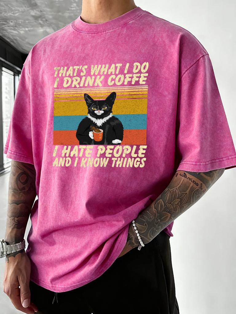Cat Drink Coffee But Hate People Print Washed TShirts Men Breathable ONeck Tee Shirt Cotton Vacation Top Casual Sportswear