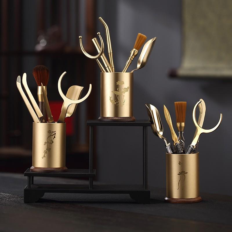 Copper Ebony Wood Tea Ceremony Six Tools Set Gongfu - Teaspoon Pick Tongs Scoop Brush Caddy