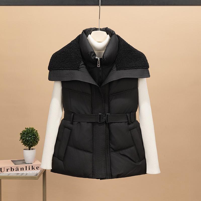 European big collar down cotton vest women's short splicing lamb wool vest waist jacket new