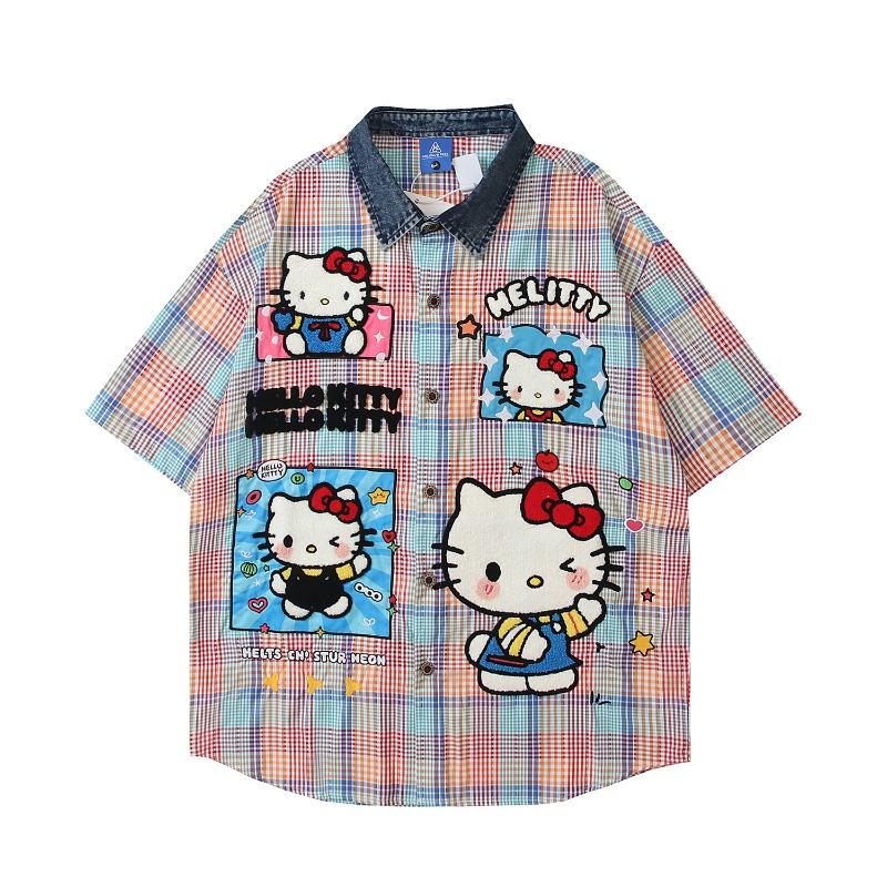 American retro cartoon puppy embroidery splicing denim collar plaid short-sleeved shirt men s and women s loose casual shirt summer M