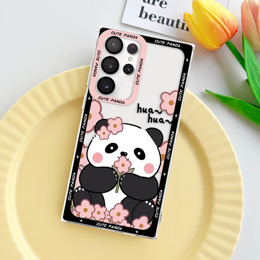Cute Panda Pink Clear Soft Case for Samsung Galaxy S24 Ultra S20 FE S21 S22 S23 Ultra S10 Plus Note 20 Ultra 10 Plus S23 FE