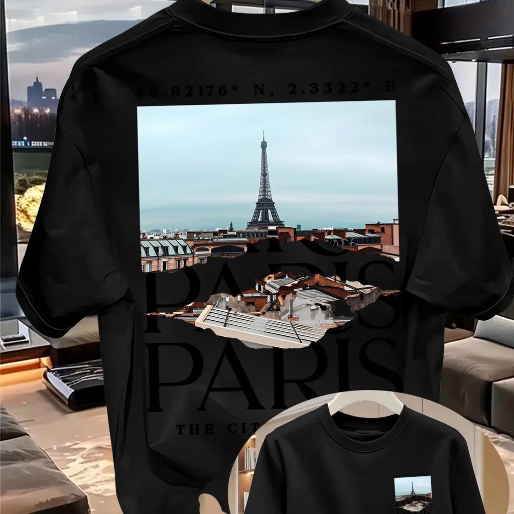Retro Torn Paper Eiffel Tower Coordinates City Landscape Pattern Mens Cotton Tshirt Breathable Loose Souvenir Top