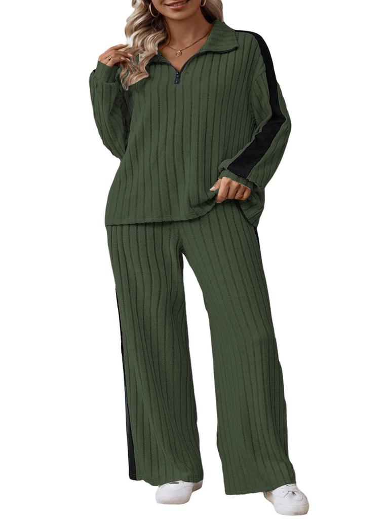 Women's Plus Size Ribbed Two Piece Set Half Zip Long Sleeve Top Wide Leg Pants Casual Fall Lounge Outfit 1XL-5XL