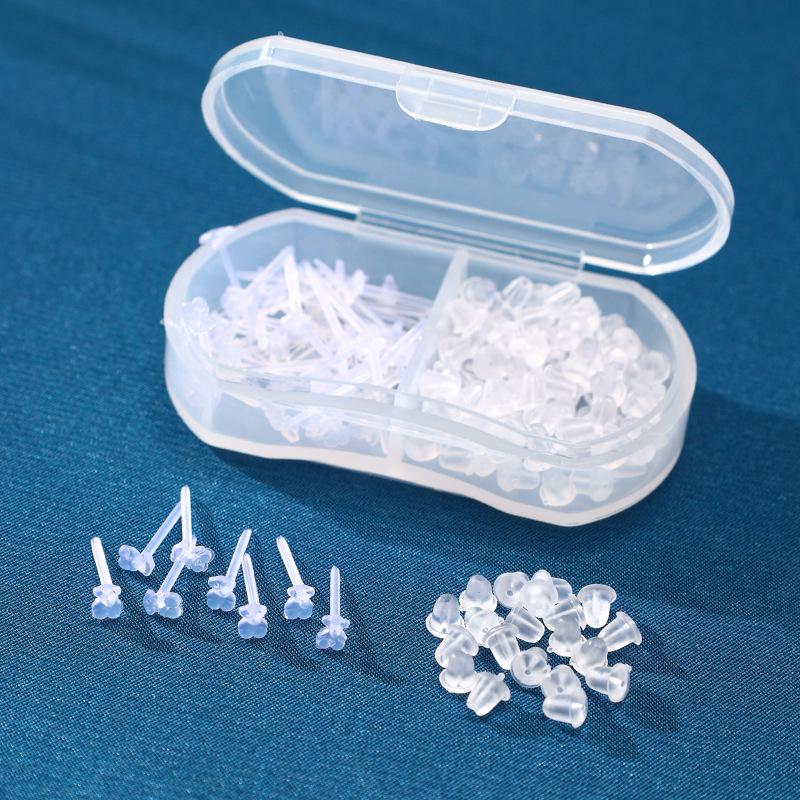 Transparent Ear Piercing Studs with Backs, 2-Compartment Box for Healing Women’s Earrings, Plastic Sticks
