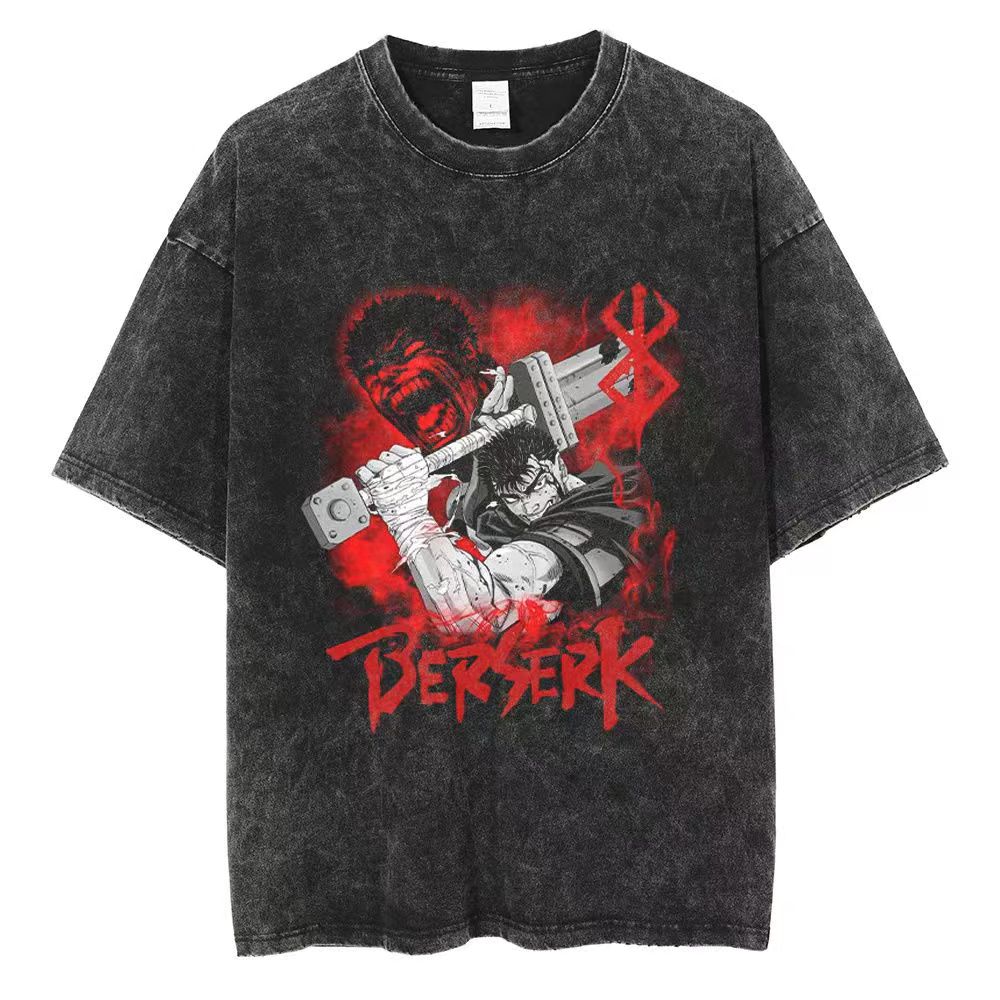 Prané Berserk Bavlna Pánské Vintage Japonské Anime Nadměrná Trička Streetwear Léto Krátký Rukáv Tričko Volné Bavlněné Topy
