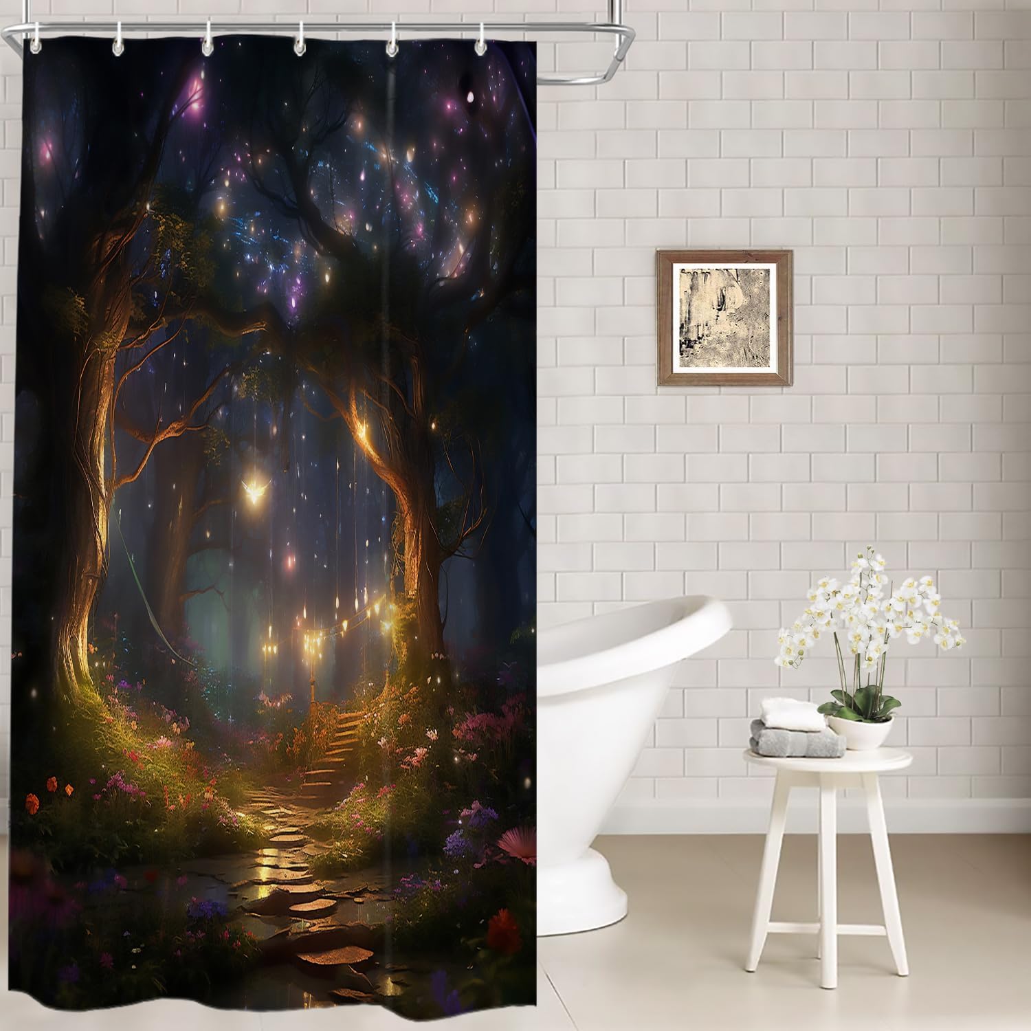 

Fantasy Forest Night Scene Waterproof Fabric Shower Curtain With Hooks Starry Sky Glowing Path Floral Scenery Bathroom Decor W60H190(CM)-1 Pcs