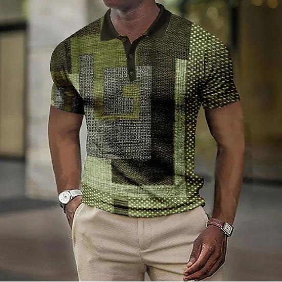 Men's Short-Sleeve Geometric Polo Shirt, Versatile for Men
