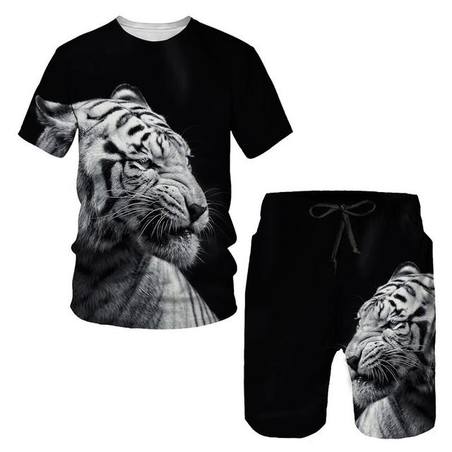 Tricou/costumul cu imprimeu 3D The Tiger, cu mâneci scurte, cu gâtul O, pantaloni de plajă pentru bărbați, set de 2 bucăți, îmbrăcăminte sport pentru cuplu, pantaloni scurți de înot