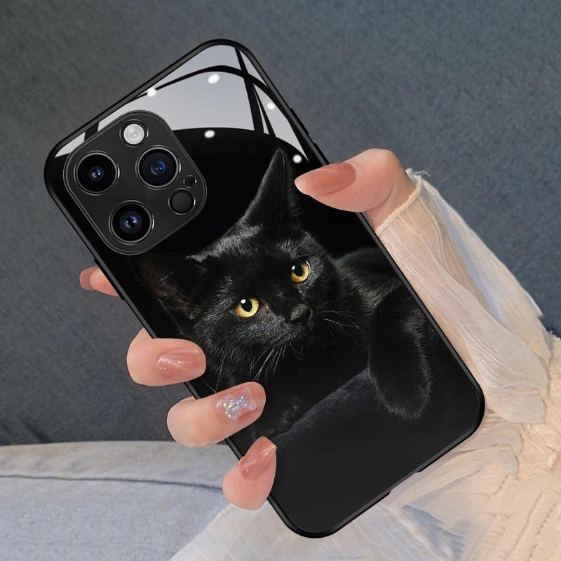Cute Black Cat Pattern Tempered Glass Black Phone Case For iPhone 17 Pro Max 16 15 14 13 12 11 Pro 17 Air 7 8 Plus XR XS X Cover