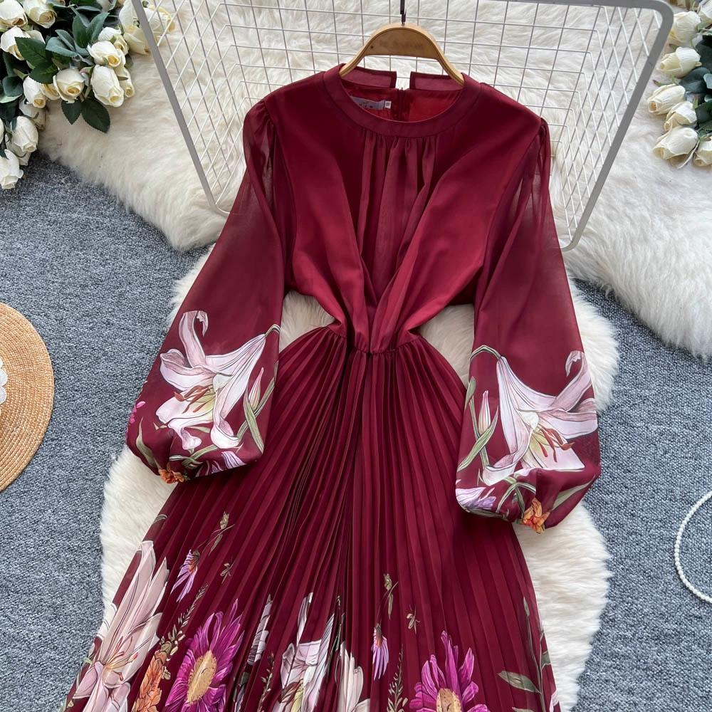 Hochwertiges bedrucktes Kleid für Damen Frühling Herbst A Schlank machende Taille und elegantes plissiertes langes Damenkleid