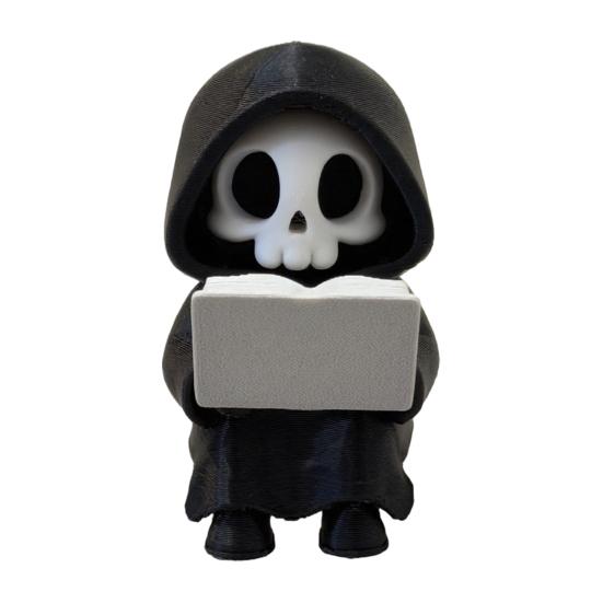 Grim Reaper Reading Figurine, 3D Printed Mini Skull Grim Reaper Statue, Cute Gothic Skeleton Ornament for Bookshelf, Desk, Shelf, Halloween Home Decor