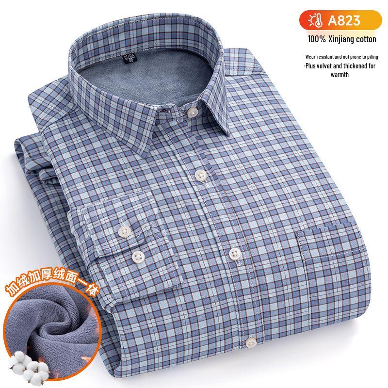 New Plus Size Velvet-Lined Men's Pure Cotton Plaid Shirt - Warm, Thickened for Autumn/Winter Cold Protection