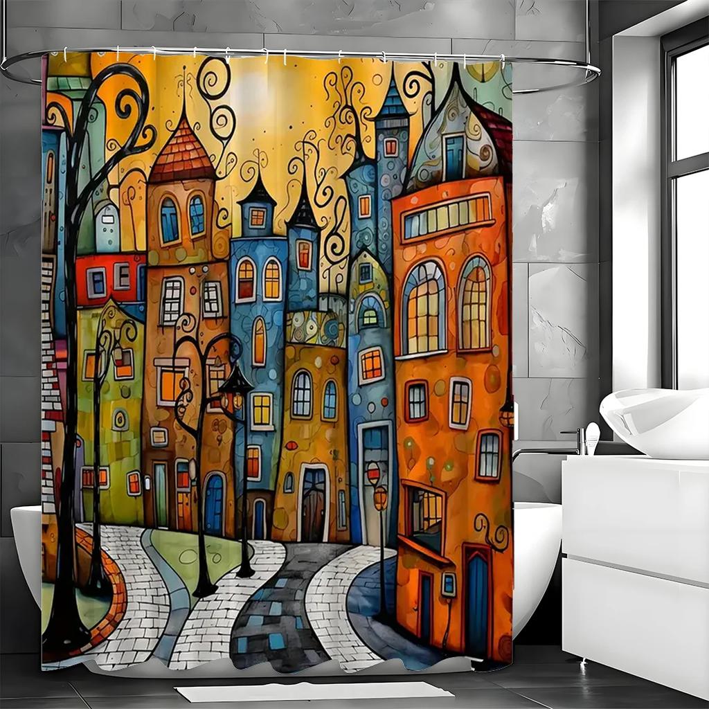 Painted Street Shower Curtain, Home Shower Curtain, Waterproof, With 12 Hooks
